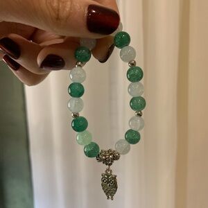Green Beaded Owl Charm Bracelet